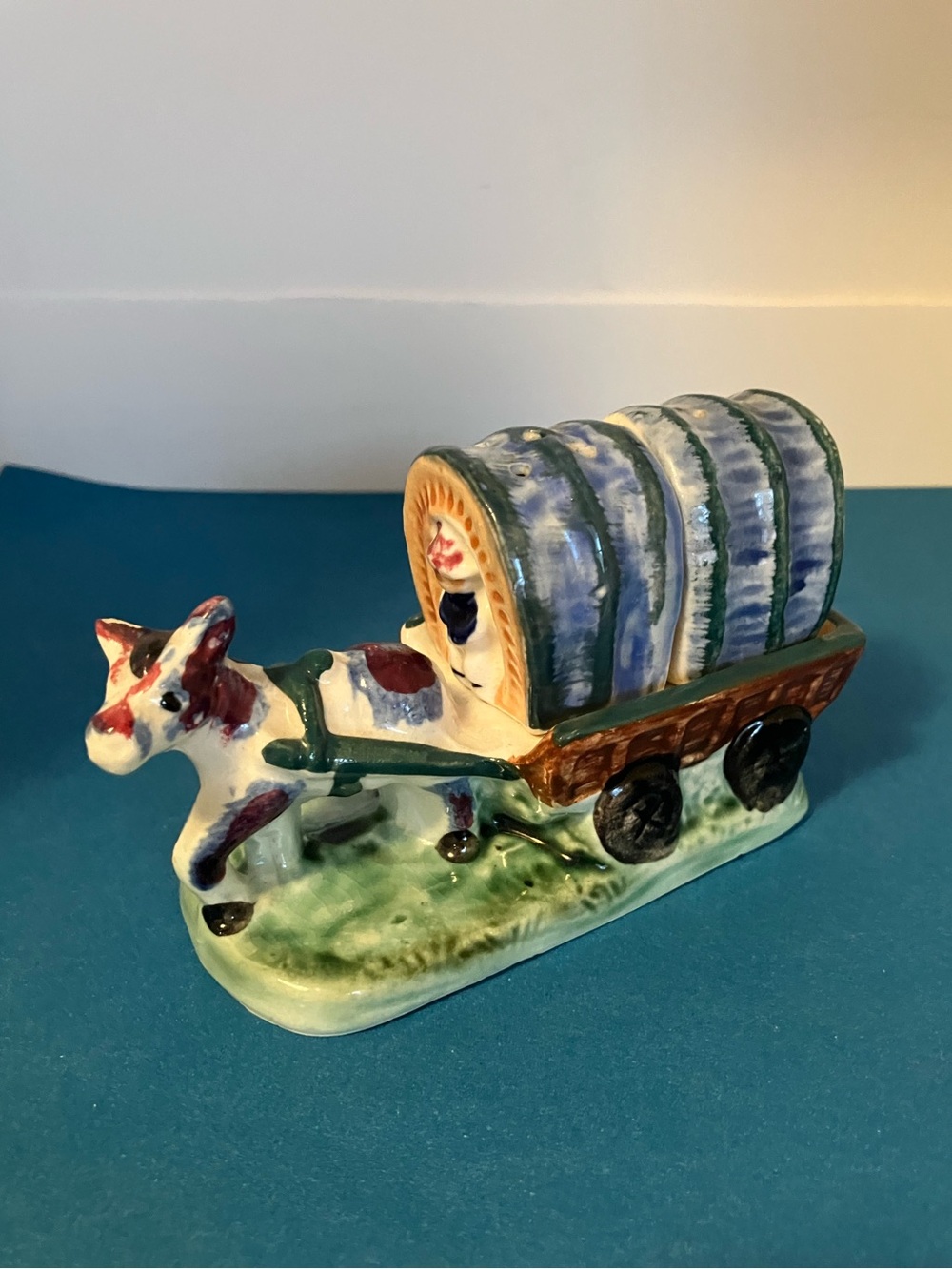 Vintage ceramic donkey and covered wagon salt and pepper shakers